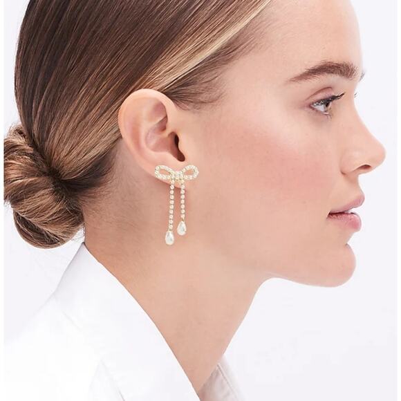 NEW J. Crew gold and White Pearl Bow Dangly Statement Earrings - Picture 3 of 7